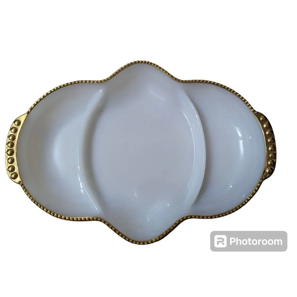 Fire King Milk Glass Divided relish tray gold‎ tone hobnail rim 11x8 inch